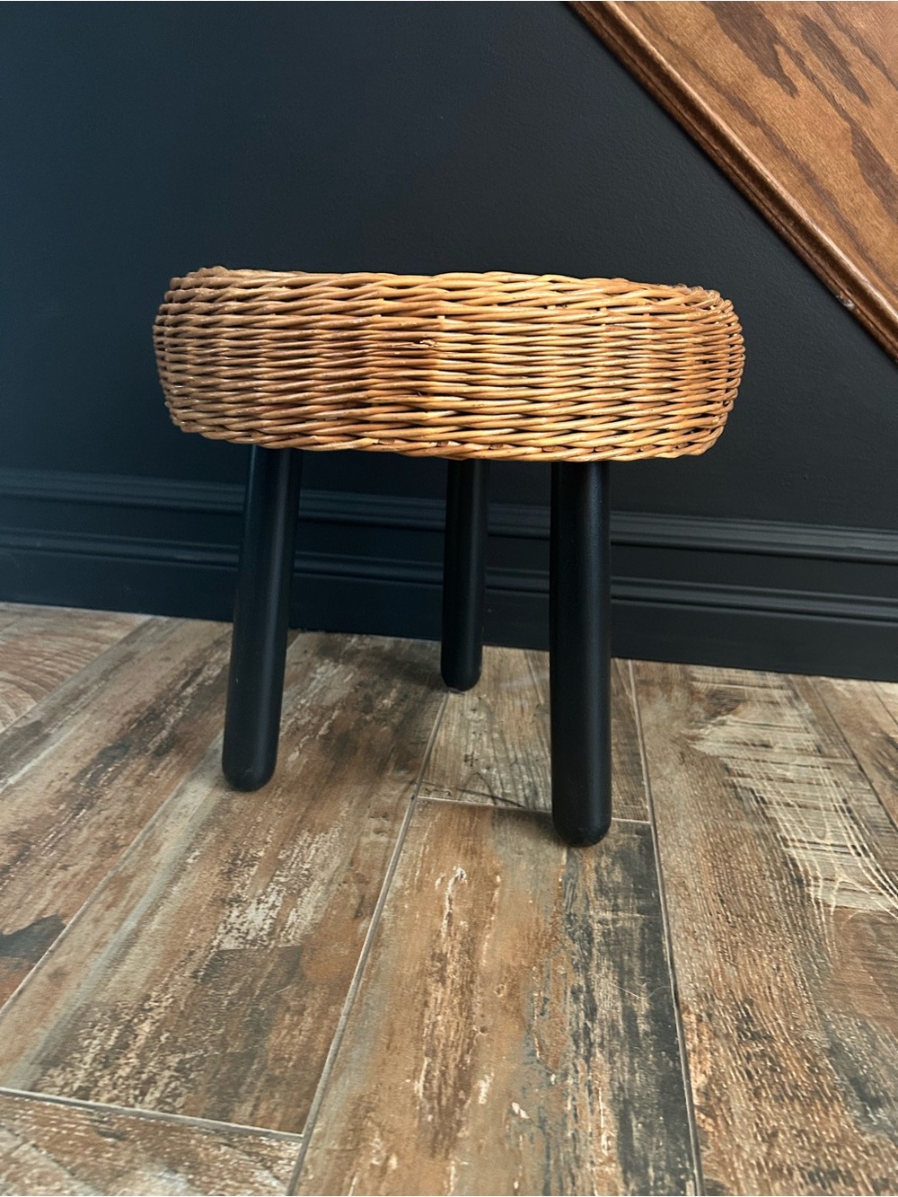 Woven Rattan Round Stool with Black Legs
